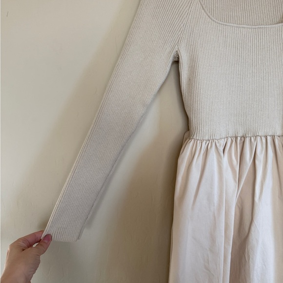 Express Long Sleeve Mini Dress Ribbed Square Neck Poplin Neutral Minimalist Med - Picture 5 of 8